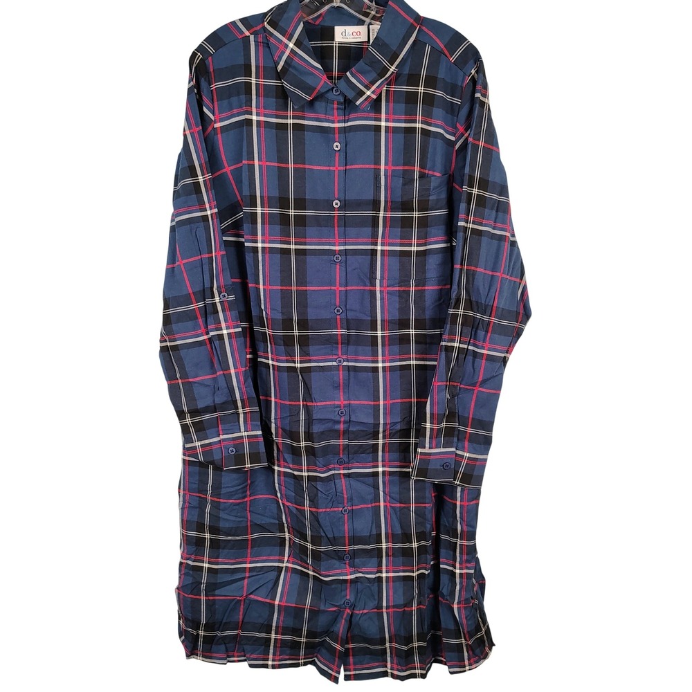 Denim & Co Womens 1X Plaid Button Down Shirt Dress Blue Red Cotton Dark Academia